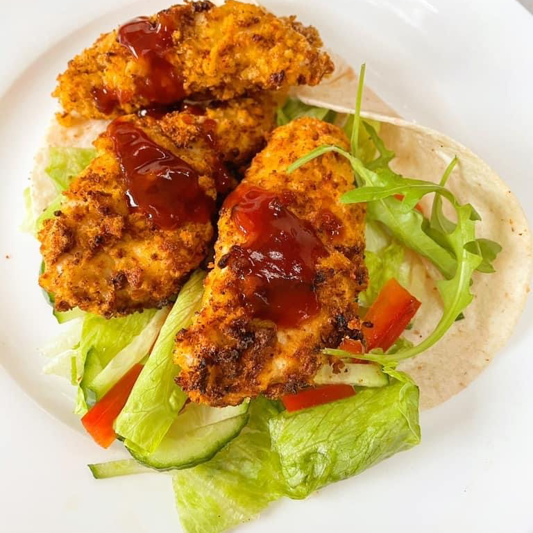 Air fried strips with sweet n spicy sauce